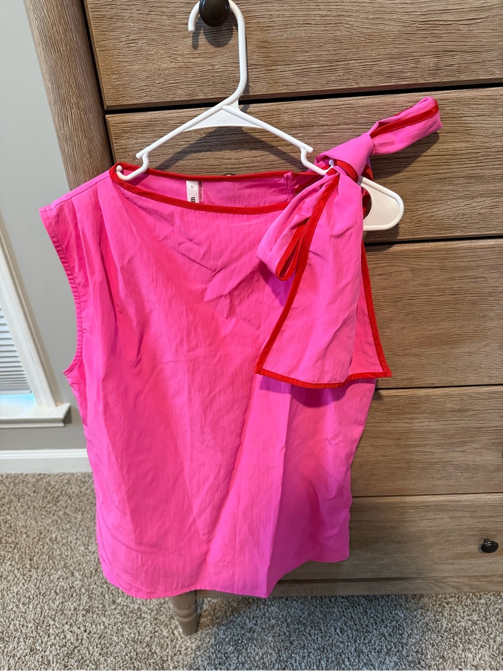 glam Bright Hot Pink One-Shoulder Tie Blouse with Red Trim